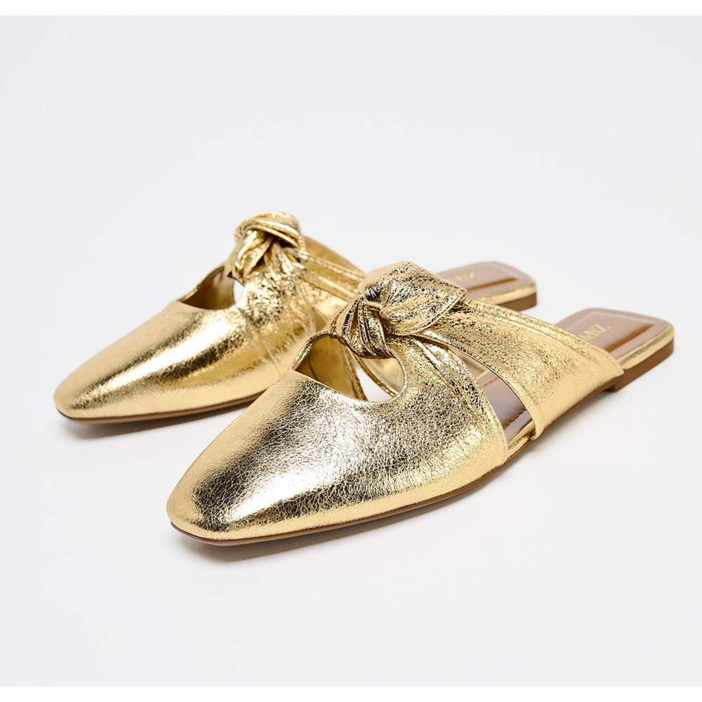 Zara NWT Gold Metallic Knot Square Toe Mules 7.5 8 - Picture 14 of 16